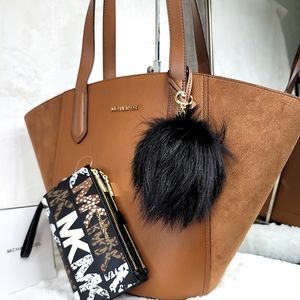 🔥 Michael Kors 3P Set Matching Designer Purse Bag Wallet Charm Pom NWT Suede!